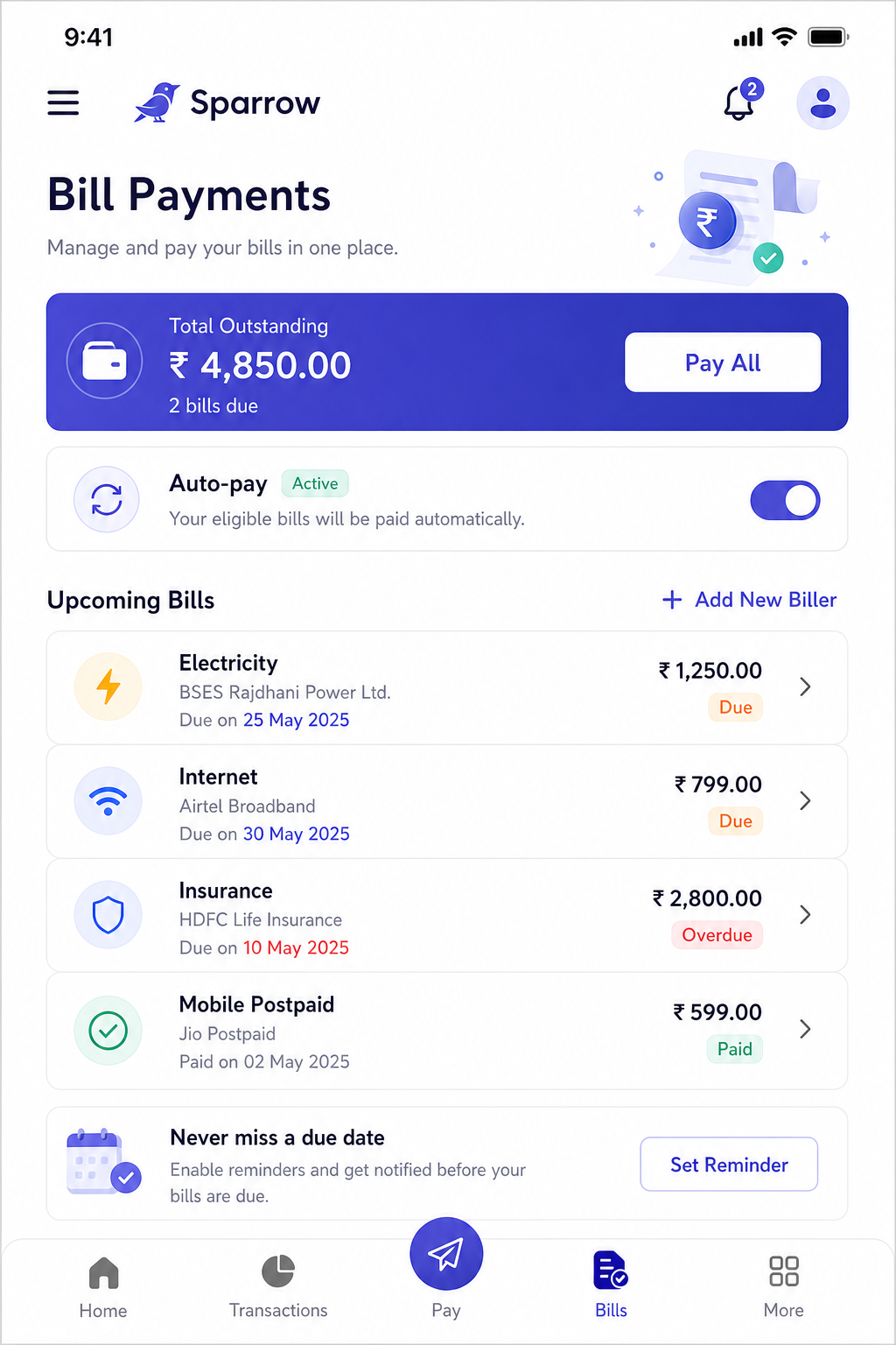 Mockup for Bill Payments