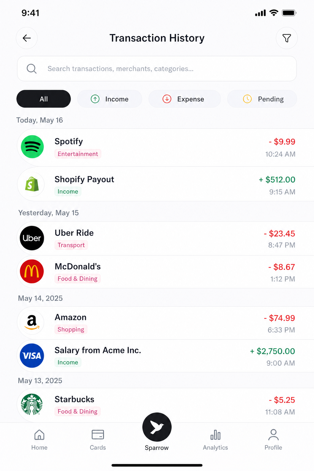 Mockup for Transaction History